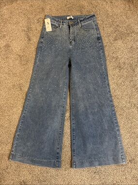 Wide-Leg Denim Jeans with Rhinestones